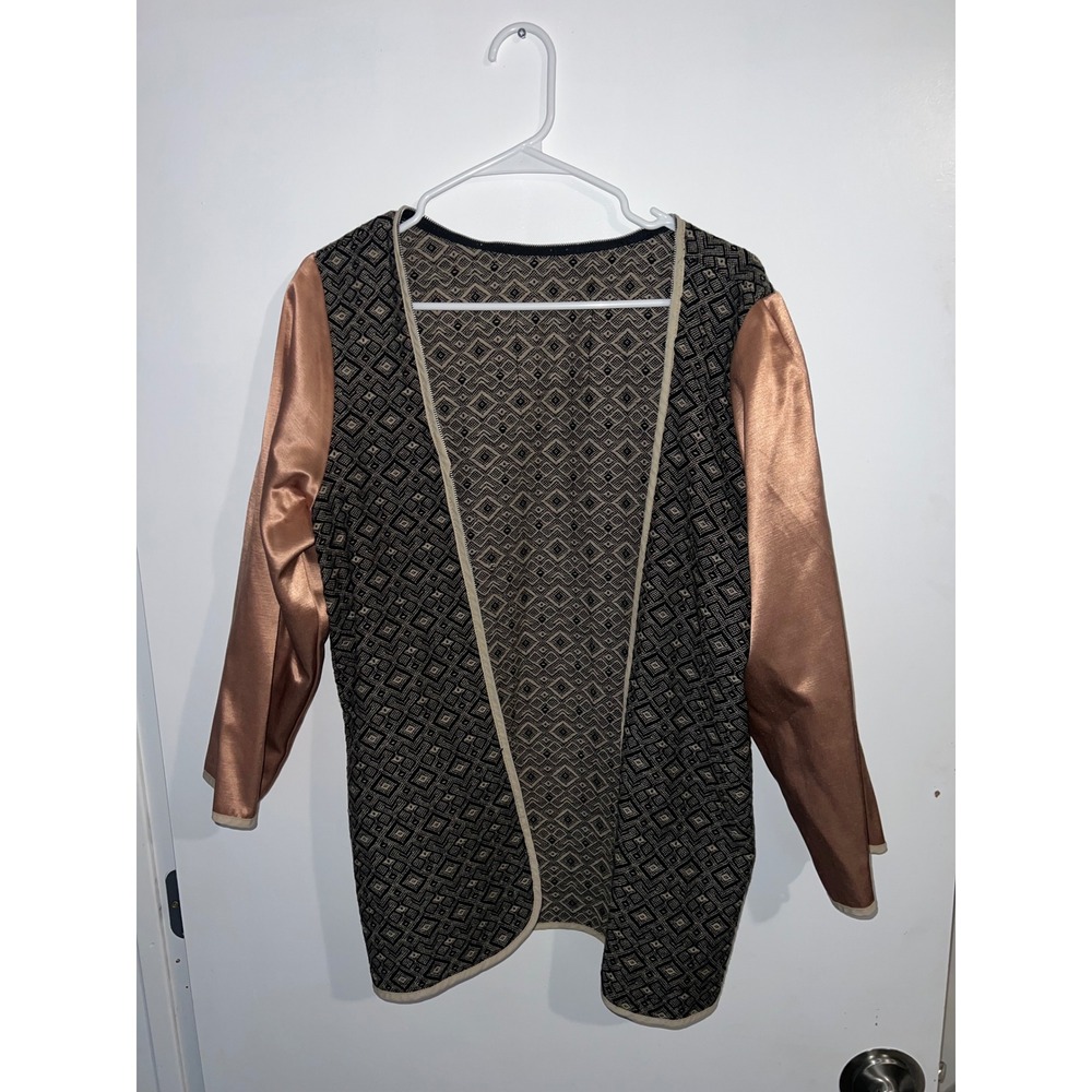 London Fog Vintage Geometric Tapestry Open Front Cardigan Copper Satin Sleeves